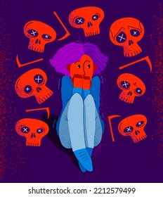 Thanatophobia fear of death vector illustration, girl surrounded with imaginary dead skulls in fear and panic attack, psychology and psychiatry.