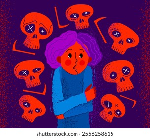 Thanatophobia fear of death vector illustration, girl surrounded with imaginary dead skulls in fear and panic attack, psychology and psychiatry.