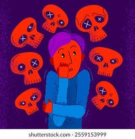 Thanatophobia fear of death vector illustration, young man surrounded with imaginary dead skulls in fear and panic attack, psychology and psychiatry.