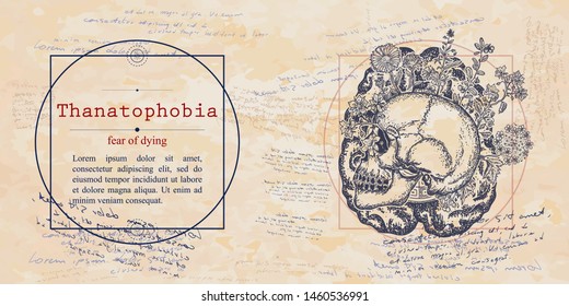 Thanatophobia. Fear Of Dying Phobia. Human Skull And Brain. Psychological Vector Illustration. Psychotherapy And Psychiatry. Medieval Medicine Manuscript 