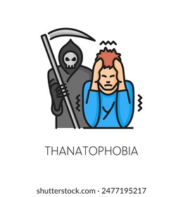 Fobia a la tanatofobia, salud mental y ansiedad problema psicológico icono de color lineal. Personas psicología, fobia o miedo a la muerte, trastorno mental delinean el símbolo del Vector con el hombre asustado y la Parca