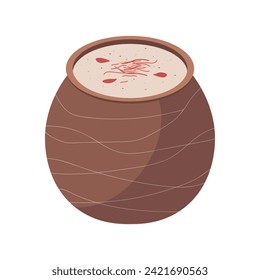 
Das thandai indianische Milchgetränk in traditionellem Tontopf für den Holi Day. Flache Vektorgrafik.