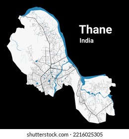 Thane map. Detailed map of Thane city administrative area. Cityscape panorama. Royalty free vector illustration. Road map with highways, rivers.