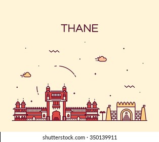 Thane skyline, detailed silhouette. Trendy vector illustration, linear style