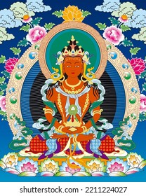 thangka buddhism antique Asia meditating holly,Infinite Life Buddha.