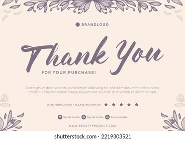 thank card print template with beauty purple flower floral decoration