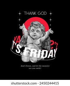 thank god it's friday slogan with black and white boy angel hand drawn vector illustration