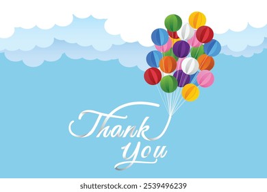 Thank You’ lettering floats among colorful paper balls like balloons on a light sky blue background
