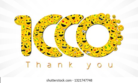 Thank you 1 000 followers logotype. Congratulating bright 1.000 networking thanks, net friends yellow symbol, 1000k sign with people faces. Isolated smiling numbers. Abstract graphic design template.