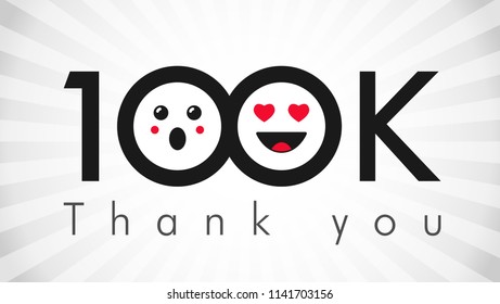 Thank you 100 000 followers logotype. Congratulating black and white colours networking thanks, net friends abstract image, customers 100 000k sign, % percent off discount. Isolated smiling people.