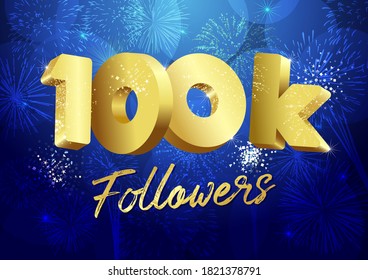 Thank you 100 000 followers creative concept. Bright festive thanks for 100.000 networking likes. 100k subscribes shining golden sign. 3D luxury digits. Abstract isolated graphic design template. svg