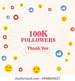 Thank you 100 000 followers background. Congratulating networking thanks, net friends abstract image, customers 100 000k sign. Isolated smiling people, like thumbs up, heart like. svg