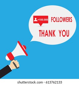 Thank you 100 000 followers card. Image for Social Networks. Web user celebrates a large number of subscribers or followers