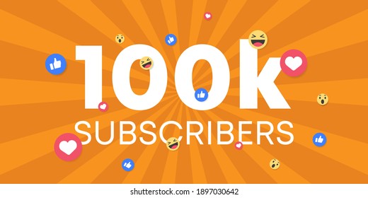 Thank you 100 000 subscribers background. With thumb up, face reaction vector illustration