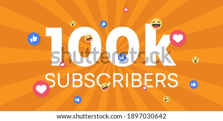 Thank you 100 000 subscribers background. With thumb up, face reaction vector illustration