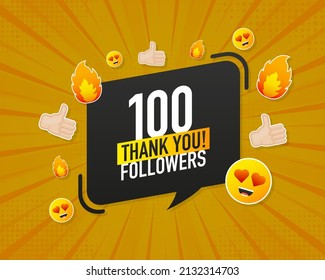 Thank you 100 followers on yellow background. White background. Vector design. Flat design. Social media