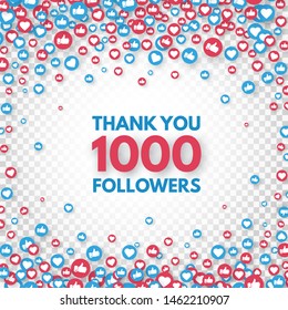 Thank you 1000 followers background. Social media concept. 1k followers celebration banner. Like and thumbs up. Achievement poster. Counter notification icons. Vector illustration.