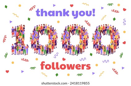 Thank you 1000 followers banner. Social media thousand subscriber milestone celebration party confetti and people crowd number isometric vector illustration of social 1000 community people