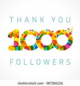 Thank you 1000 followers card. Colour thanks for 1 K following people. One thousand likes celebration. Isolated abstract graphic design template. Holiday image concept for 1 000. Creative decoration. svg