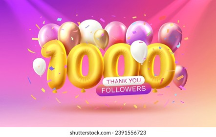 Thank you 1000 followers, peoples online social group, happy banner celebrate, Vector illustration