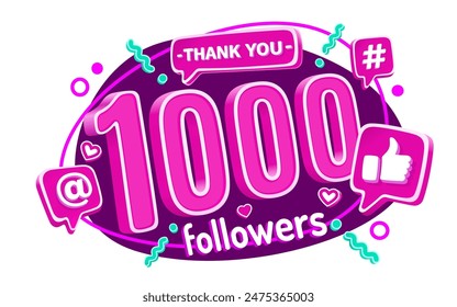 Thank you 1000 followers, peoples online social group, happy banner celebrate, Vector illustration