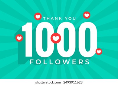 thank you 1000 social media followers template with cute heart design vector