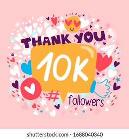 Thank you 10000 or 10k followers. Congratulation card. Blogger celebrates a many large number of subscribers.