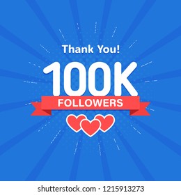 Thank you 100000 or 100k followers. Congratulation card. Web Social media concept. Blogger celebrates a many large number of subscribers.