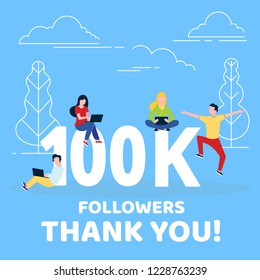 Thank you 100000 followers numbers postcard. People man, woman big numbers flat style design 100k thanks vector illustration isolated on blue background. Template for internet media and social network