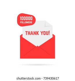 thank you for 100000 followers text in red letter. concept of 100k friends or subscribers and message from blogger. simple flat style trend modern logotype graphic design element isolated on white