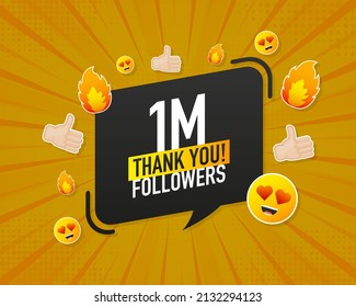 Thank you 1000000 followers on yellow background. White background. Vector design. Flat design. Social media