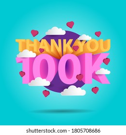 Thank you 100k banner for social media follower greeting, 3d text with love shape svg