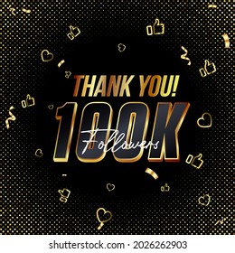 Thank you 100K followers 3d Gold and Black Font and confetti. Vector illustration 3d numbers for social media 100000 or Hundred Thousand followers, Thanks followers, blogger celebrates subscribers svg