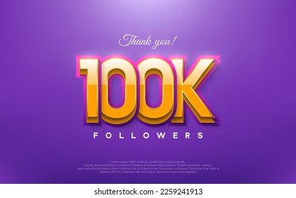 Thank you 100k followers, 3d design with orange on blue background. Premium vector for poster, banner, celebration greeting.
