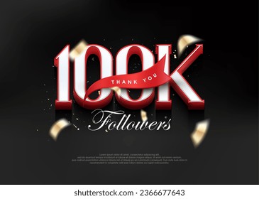 Thank you 100k followers, with 3d numbers with red ribbon. Premium vector background for achievement celebration design.