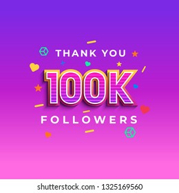 Thank you 100k followers design.Thank you followers congratulation card. Vector illustration for Social Networks. Web user or blogger celebrates a large number of subscribers. - Vector