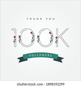 Thank You 100k Followers with floral rose flower illustratiion template design