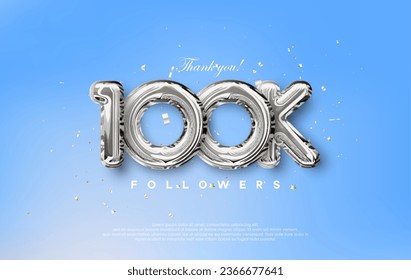 Thank you for the 100k followers with silver metallic balloons illustration. Premium vector for poster, banner, celebration greeting.