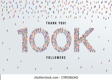 Thank you 100K or one hundred thousand followers. large group of people form to create 100K vector illustration