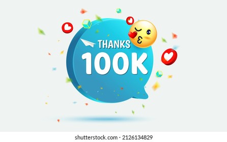 Thank you 100K. One hundred thousand of subscribers or followers with social network blue icons neon style, Smile face emoji emoticon icon , doodle, message and heart for Web, App