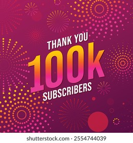 Thank you 100k subscribers celebration banner with fireworks on a pink background. Ideal for social media milestones, follower celebrations, or engaging audience posts. achievement celebration post.