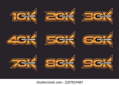 Thank you for 10k, 20k, 30k, 40k, 50k, 60k, 70k, 80k, 90k, follower, online social group, happy banner celebrate, gold and black white design icon or logo isolated sign symbol vector illustration.