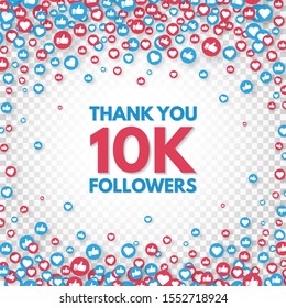 Thank you 10k followers background. Social media concept. 10000 followers celebration banner. Like and thumbs up. Achievement poster. Counter notification icons. Vector illustration.