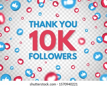 Thank you 10k followers background with falling likes and thumbs up icon. 10 000 followers celebration banner. Social media concept. Achievement poster. Counter notification. Vector illustration.