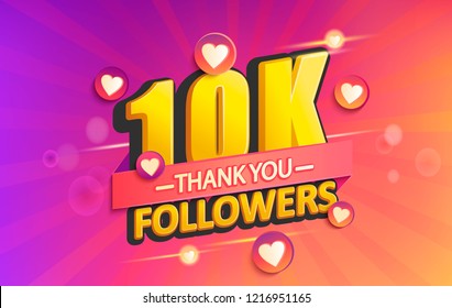 Thank you 10K followers banner. Thanks followers congratulation card. Vector illustration for Social Networks. Web user or blogger celebrates and tweets a large number of subscribers.