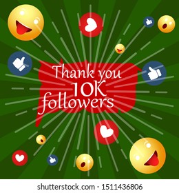 Thank you 10K followers banner. Thanks followers congratulation card. Vector illustration for Social Networks. Web user or blogger celebrates and tweets a large number of subscribers.