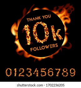 Thank you 10K followers. Fire design. Vector Illustration card on black background..