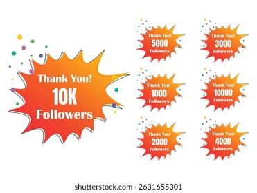 Thank you 10K followers Thanks followers congratulation card. Vector illustration for Social Networks. Web user or blogger celebrates and tweets a large number of subscribers.