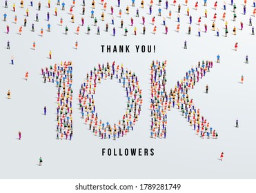 Thank You, 10k Or Ten Thousand Followers Celebration Design. Large Group Of People Form To Create A Shape 10k. Vector Illustration.