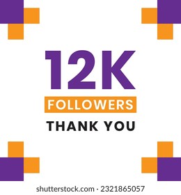 Thank you 12000 followers, thanks banner.First 12K follower congratulation card with geometric figures, lines, squares, and circles for Social Networks. for Instagram, Linkedin, facebook, youtube